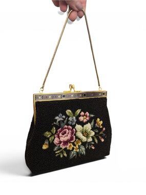 Vintage 50’s Hoover Hand Beaded Petit Point Black Floral Kiss Lock Evening Bag